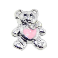 Silver Teddy Bear Charm with Pink Heart